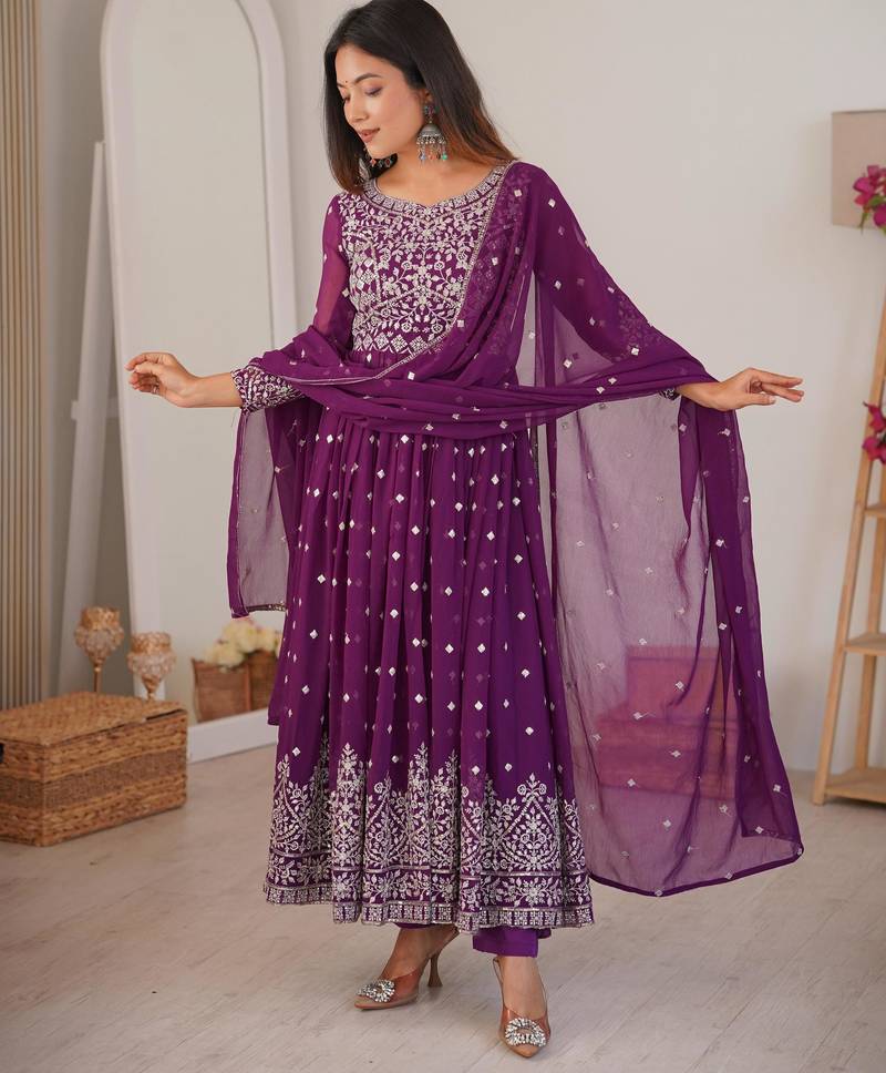 Wine Purple Faux Georgette Anarkali Suit Set with Sequin Thread Embroidery