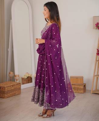 Wine Purple Faux Georgette Anarkali Suit Set with Sequin Thread Embroidery 2