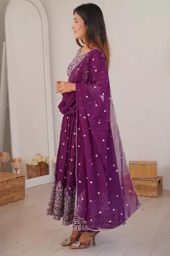 Wine Purple Faux Georgette Anarkali Suit Set with Sequin Thread Embroidery