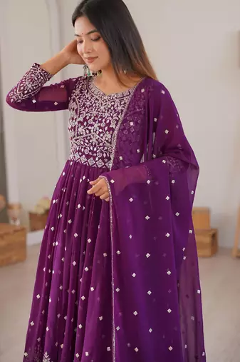 Wine Purple Faux Georgette Anarkali Suit Set with Sequin Thread Embroidery
