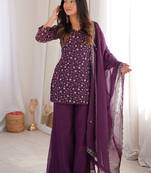 Beautiful Purple Sequins Silk Function Wear Pant Suit