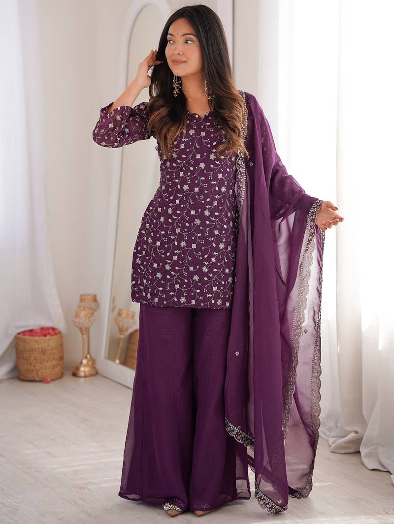 Beautiful Purple Sequins Silk Function Wear Pant Suit