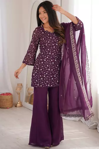 Beautiful Purple Sequins Silk Function Wear Pant Suit