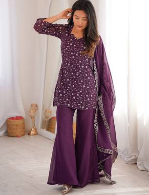 Beautiful Purple Sequins Silk Function Wear Pant Suit 3