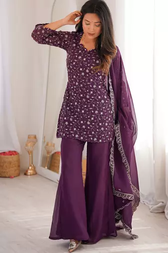 Beautiful Purple Sequins Silk Function Wear Pant Suit