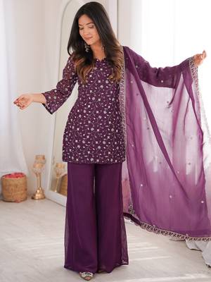 Beautiful Purple Sequins Silk Function Wear Pant Suit 4