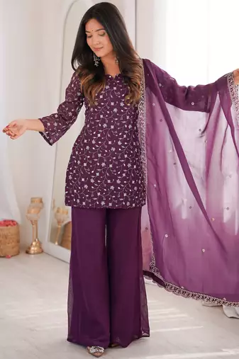 Beautiful Purple Sequins Silk Function Wear Pant Suit