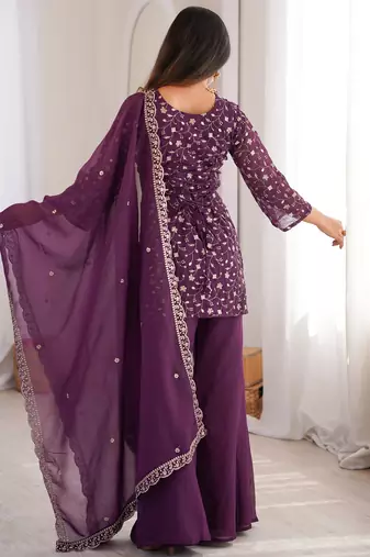 Beautiful Purple Sequins Silk Function Wear Pant Suit
