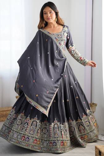Charcoal Grey Natural Crep Silk Lehenga Choli with Multi-Colour Coding Dori Work