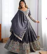 Charcoal Grey Natural Crep Silk Lehenga Choli with Multi-Colour Coding Dori Work