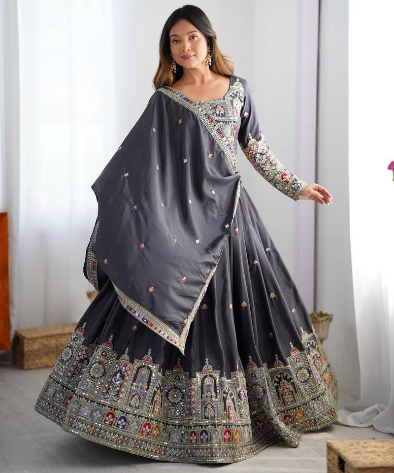 Charcoal Grey Natural Crep Silk Lehenga Choli with Multi-Colour Coding Dori Work