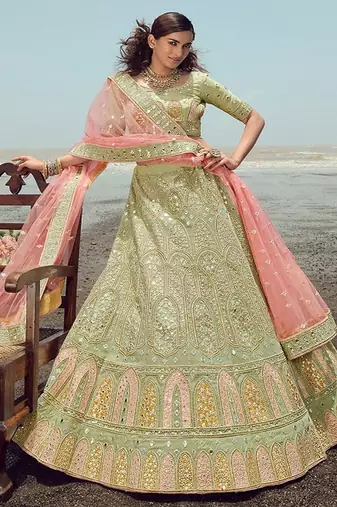 Embroidered Semi Stitched Lehenga & Unstitched Blouse With Dupatta