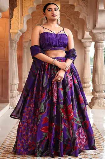 Printed Beads and Stones Ready to Wear Lehenga & Unstitched Blouse With Dupatta