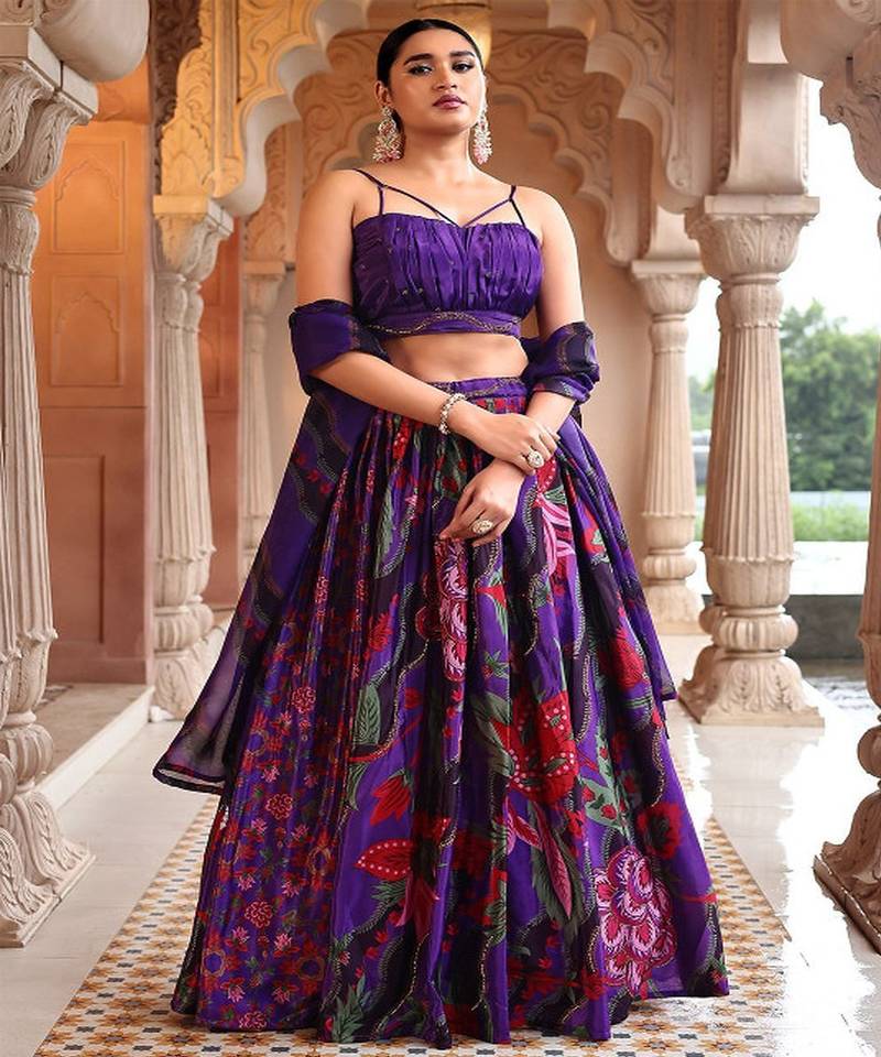 Printed Beads and Stones Ready to Wear Lehenga & Unstitched Blouse With Dupatta