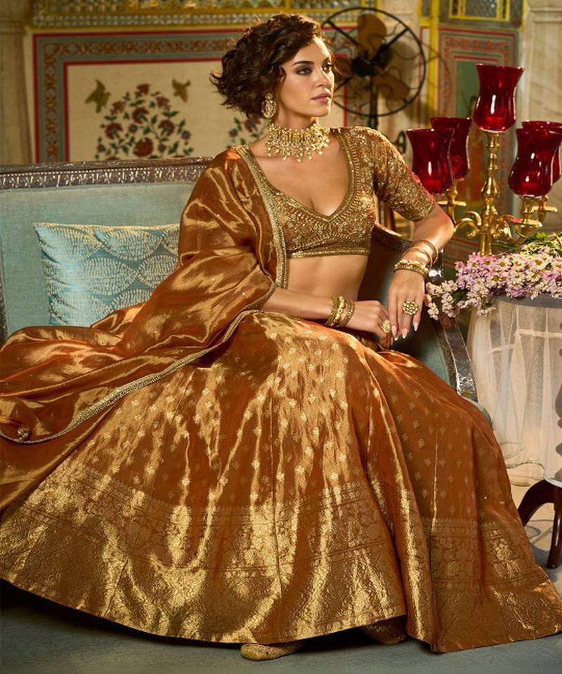 Ready to Wear Embroidered V Neck Flared Lehenga  & Blouse With Dupatta