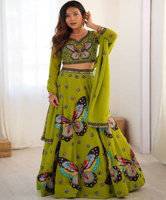 Embroidered Thread Work Semi Stitched Lehenga & Unstitched Blouse With Dupatta 1