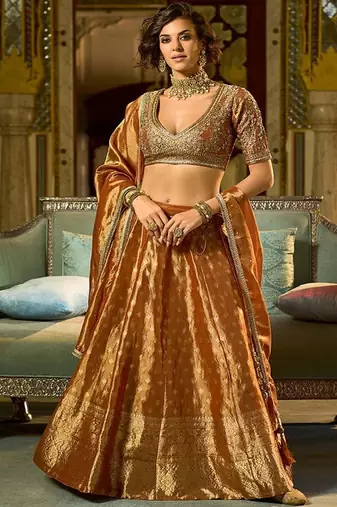 Ready to Wear Embroidered V Neck Flared Lehenga  & Blouse With Dupatta