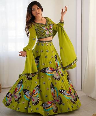 Embroidered Thread Work Semi Stitched Lehenga & Unstitched Blouse With Dupatta 3
