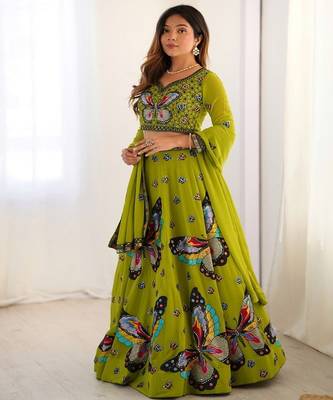 Embroidered Thread Work Semi Stitched Lehenga & Unstitched Blouse With Dupatta 4