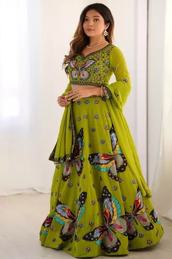 Embroidered Thread Work Semi Stitched Lehenga & Unstitched Blouse With Dupatta
