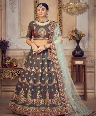 Embroidered Thread Work Semi Stitched Lehenga & Unstitched Blouse With Dupatta 1