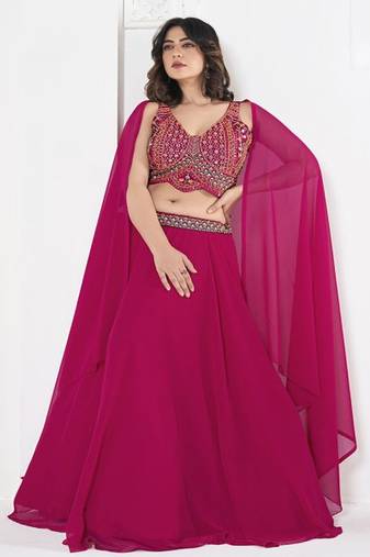 Embroidered V Neck Semi Stitched Lehenga & Ready to Wear Blouse With Dupatta