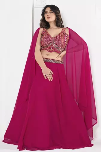 Embroidered V Neck Semi Stitched Lehenga & Ready to Wear Blouse With Dupatta