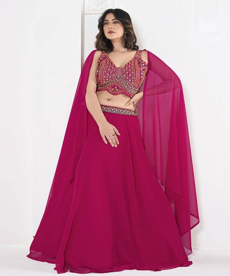 Embroidered V Neck Semi Stitched Lehenga & Ready to Wear Blouse With Dupatta