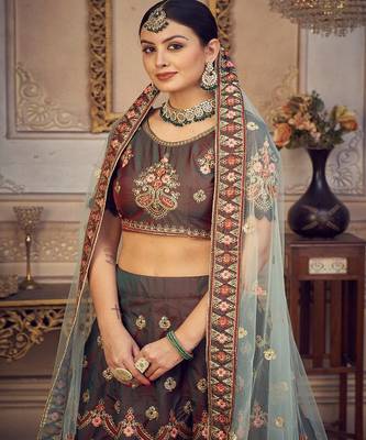 Embroidered Thread Work Semi Stitched Lehenga & Unstitched Blouse With Dupatta 2