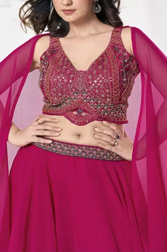 Embroidered V Neck Semi Stitched Lehenga & Ready to Wear Blouse With Dupatta