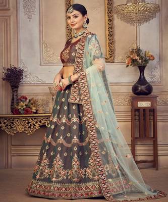 Embroidered Thread Work Semi Stitched Lehenga & Unstitched Blouse With Dupatta 3