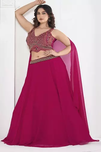 Embroidered V Neck Semi Stitched Lehenga & Ready to Wear Blouse With Dupatta