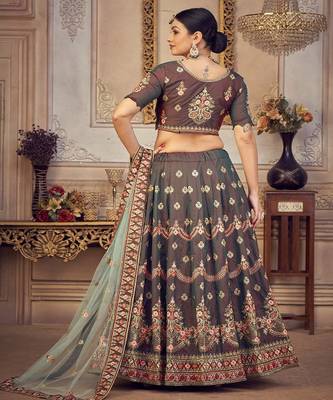 Embroidered Thread Work Semi Stitched Lehenga & Unstitched Blouse With Dupatta 4