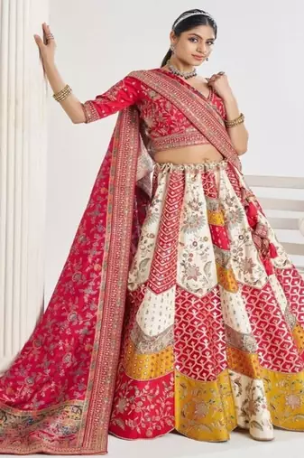 Embroidered Banarasi Silk Semi Stitched Panelled Lehenga & Unstitched Blouse With Dupatta