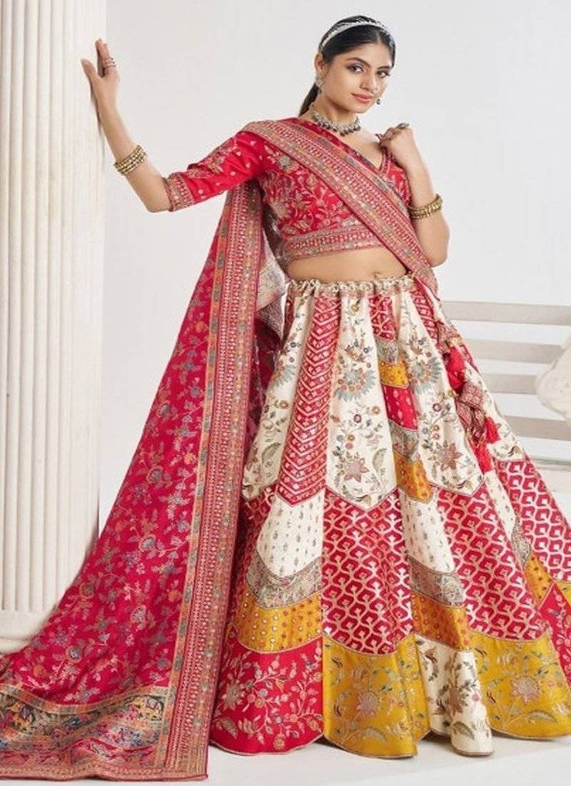 Embroidered Banarasi Silk Semi Stitched Panelled Lehenga & Unstitched Blouse With Dupatta