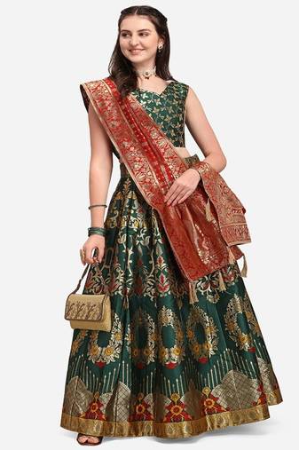 Green & Red Ready to Wear Lehenga & Unstitched Blouse With Dupatta