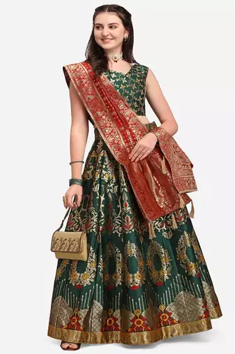 Green & Red Ready to Wear Lehenga & Unstitched Blouse With Dupatta
