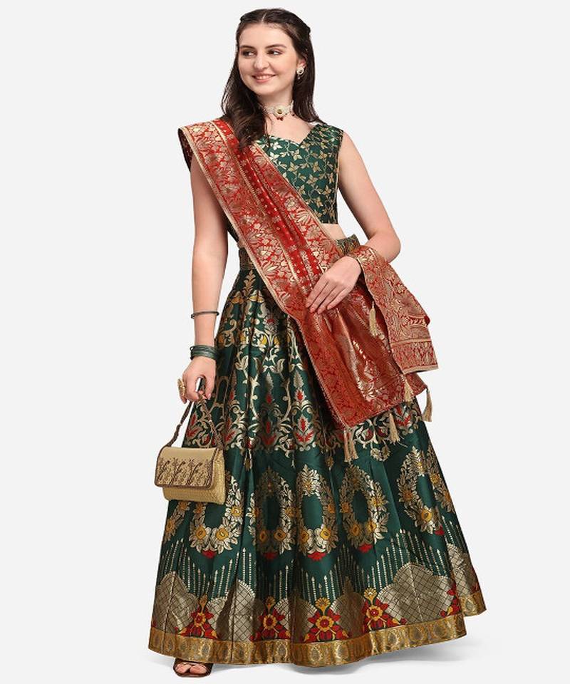 Green & Red Ready to Wear Lehenga & Unstitched Blouse With Dupatta