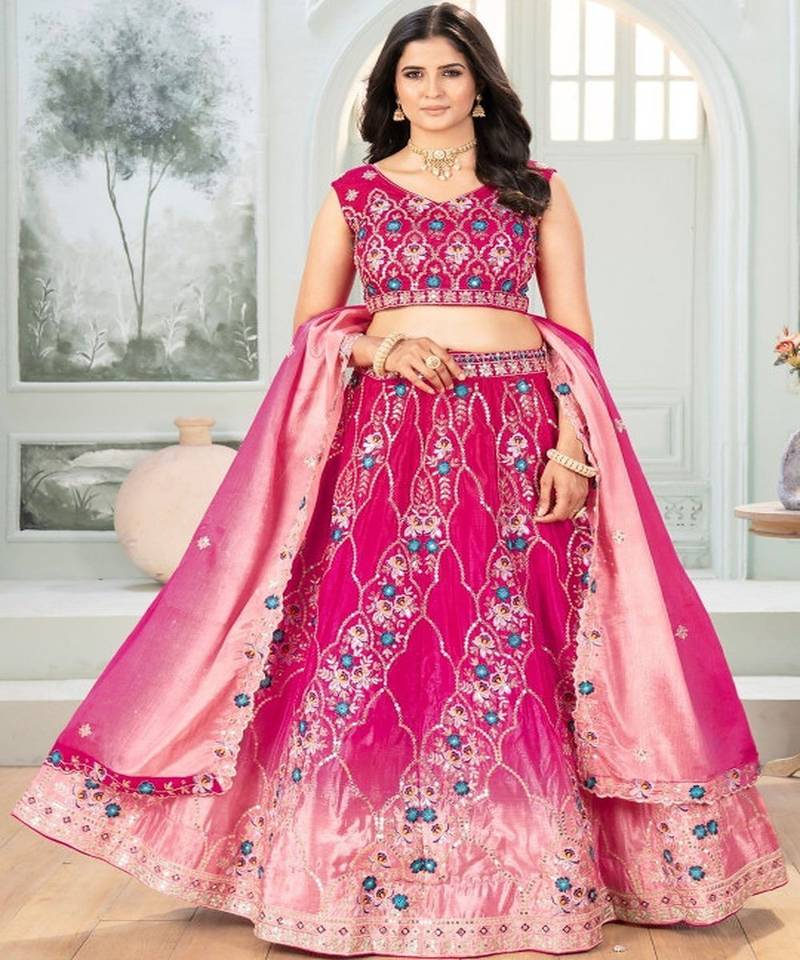 Embellished Semi Stitched Chinon Lehenga & Unstitched Blouse With Dupatta