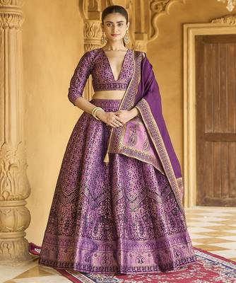 Woven Design Art Silk Lehenga & Unstitched Blouse With Dupatta 1