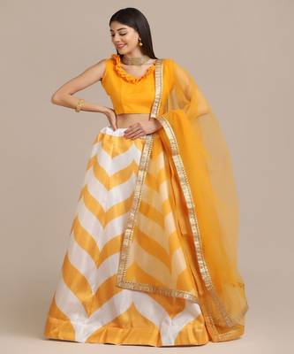 Yellow & White Semi Stitched Lehenga & Unstitched Blouse With Dupatta 1