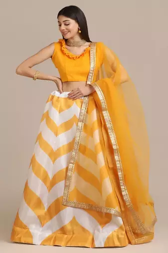 Yellow & White Semi Stitched Lehenga & Unstitched Blouse With Dupatta