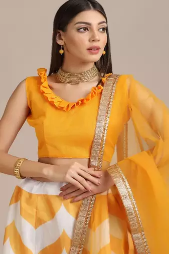 Yellow & White Semi Stitched Lehenga & Unstitched Blouse With Dupatta
