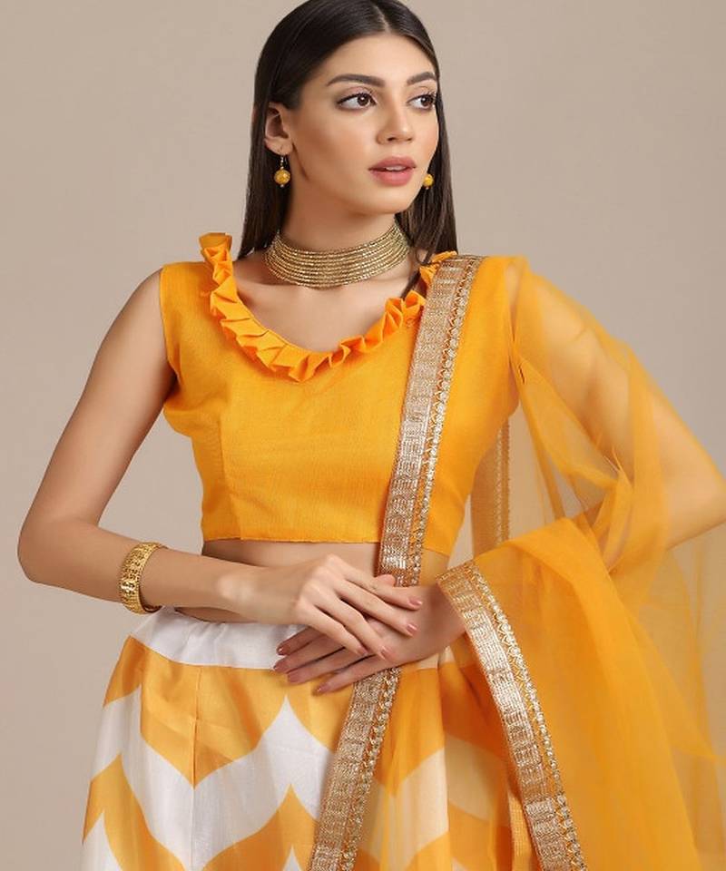 Yellow & White Semi Stitched Lehenga & Unstitched Blouse With Dupatta