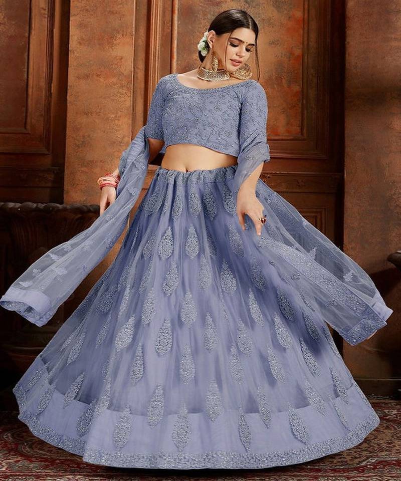 Embroidered Beads and Stones Soft Net Semi Stitched Lehenga & Blouse With Dupatta