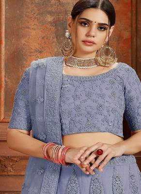 Embroidered Beads and Stones Soft Net Semi Stitched Lehenga & Blouse With Dupatta 2