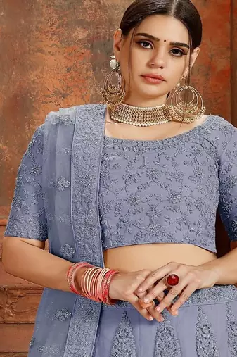 Embroidered Beads and Stones Soft Net Semi Stitched Lehenga & Blouse With Dupatta
