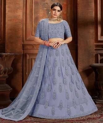 Embroidered Beads and Stones Soft Net Semi Stitched Lehenga & Blouse With Dupatta 3