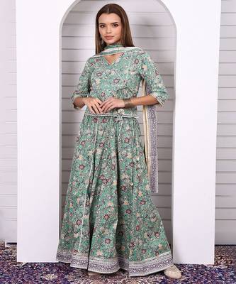 Floral Printed Pure Cotton Ready to Wear Lehenga & Blouse With Dupatta 1