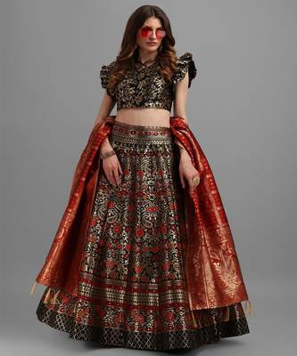 Black & Gold Woven Design Semi Stitched Lehenga & Unstitched Choli With Dupatta 1